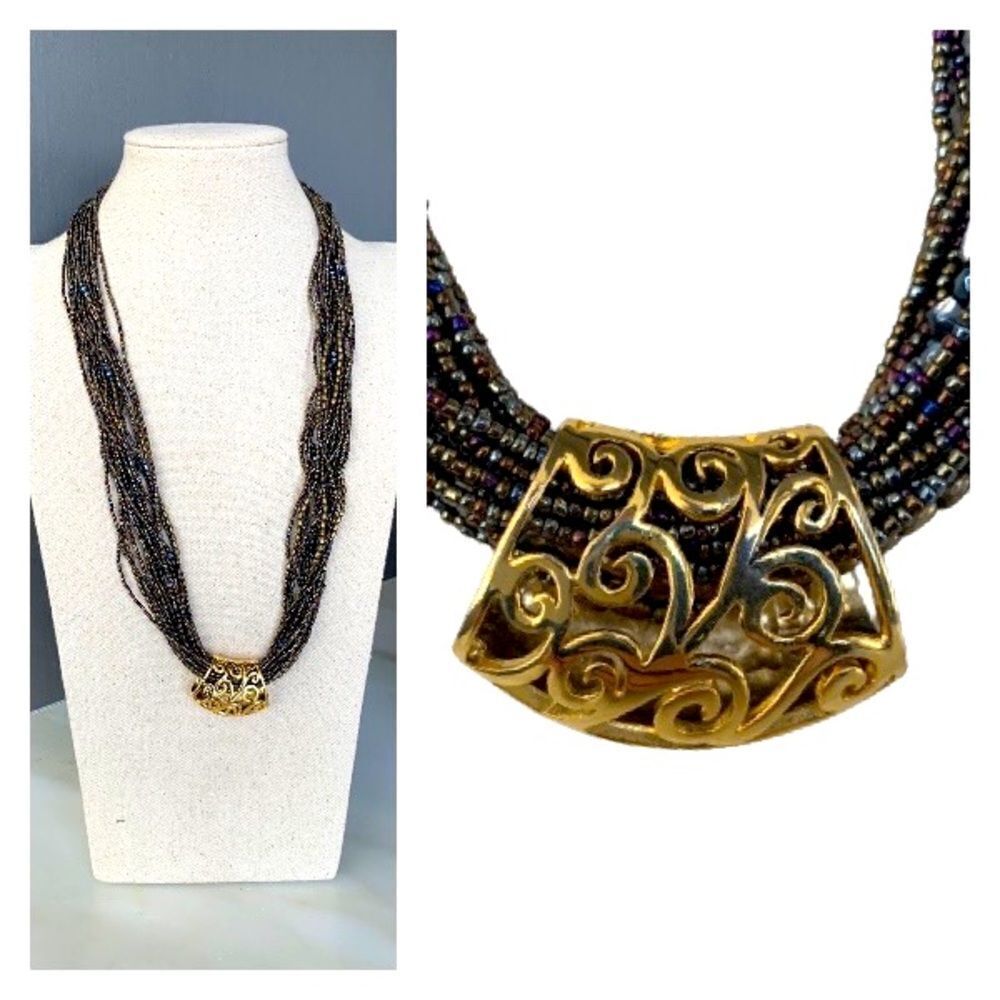 Vintage Czech Glass Necklace – Twisted Metallic Beads & Gold Pendant